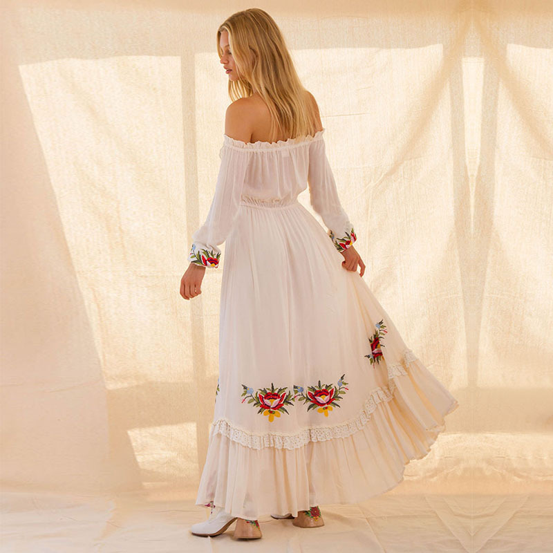 One-shoulder embroidered flower lace dress