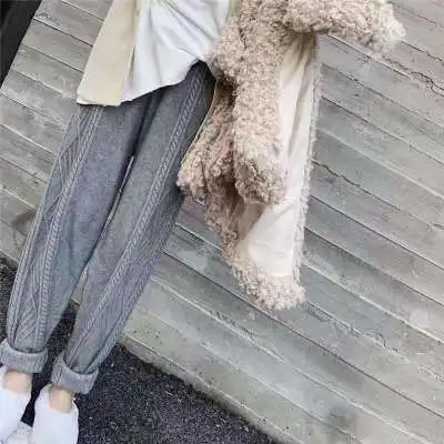 Twist striped knitted loose drawstring elastic waist carrot pants Grey - Shop at LoveMi