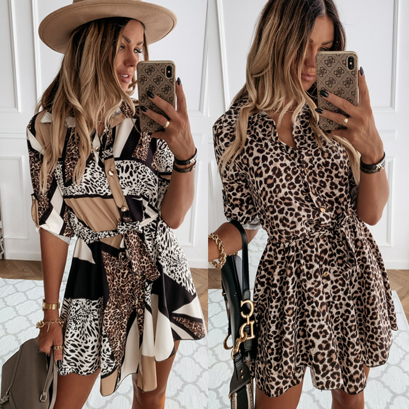 Printed lace-up shirt and big dress women