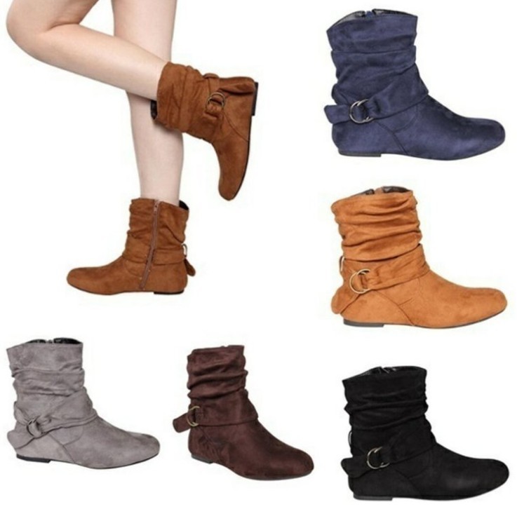 Suede flat mid-tube boots