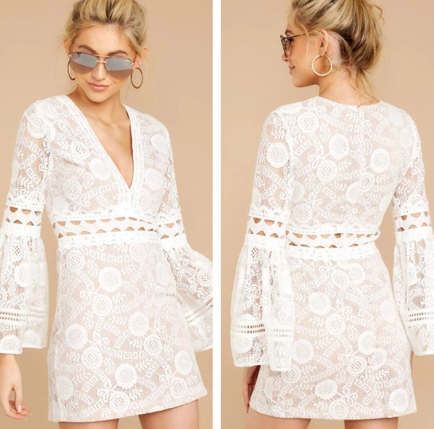 Lace V-neck Hollow Long Sleeve Dress