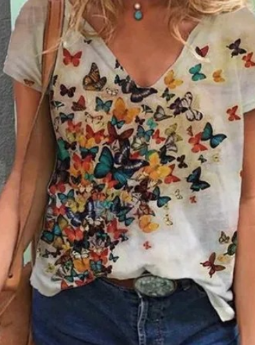 Women's fashion short sleeve V-neck print