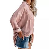Ladies V-neck Pocket Long Sleeve Chiffon Shirt