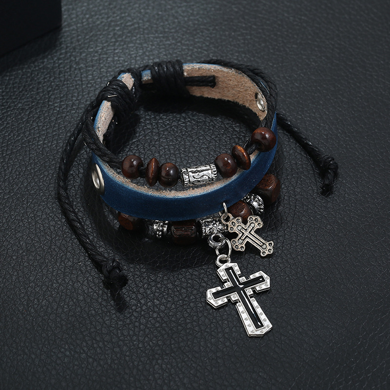 Beaded cross leather bracelet