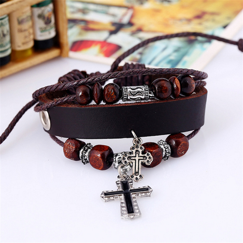 Leather Chain With Cross Beaded Genuine Leather Bracelet