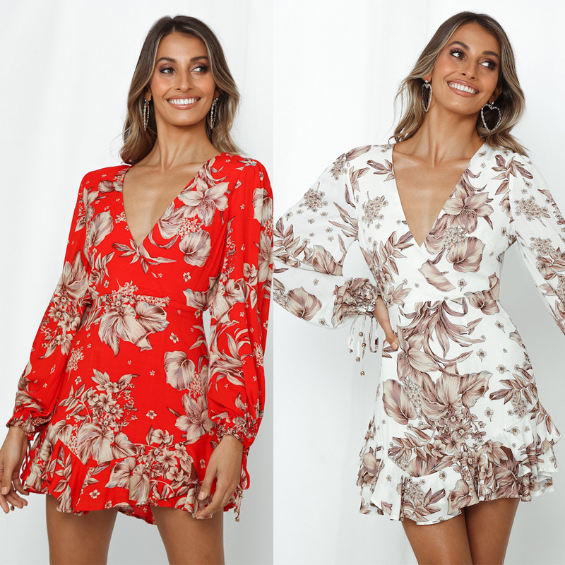 Lace deep v print dress