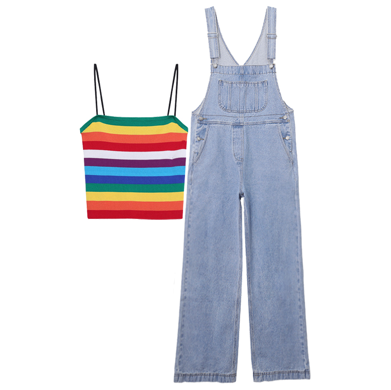 Denim suspenders wide-leg trousers