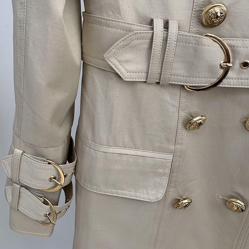 معطف ترنش طويل مزدوج الصدر بحزام وإبزيم