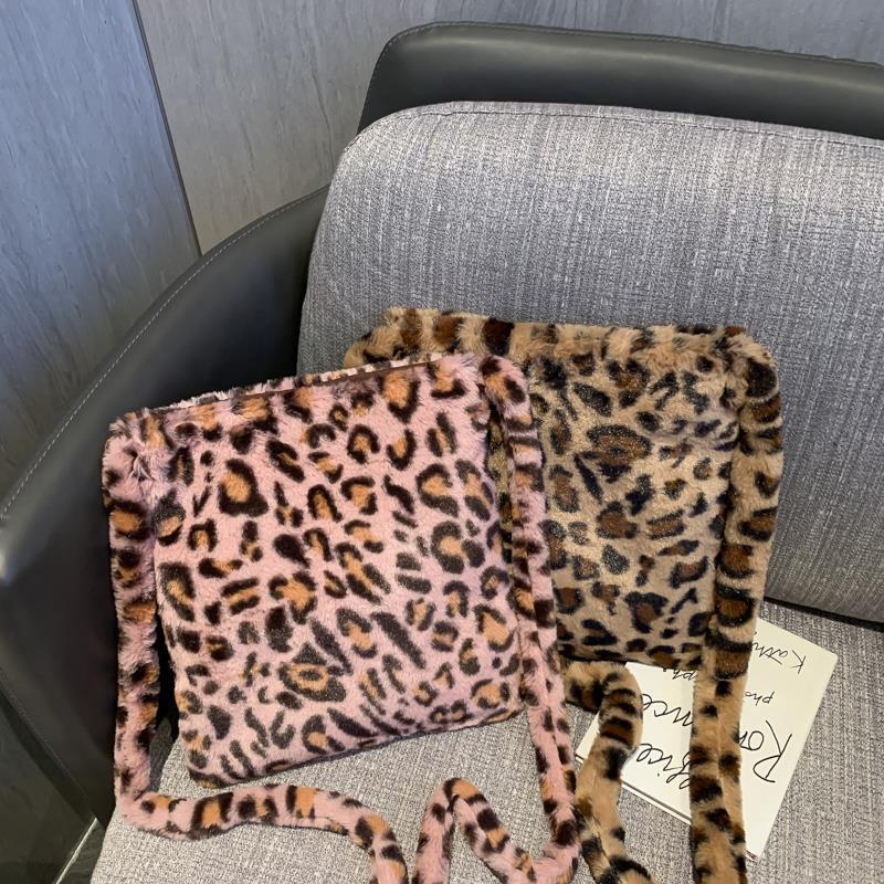 Leopard print plush crossbody bag
