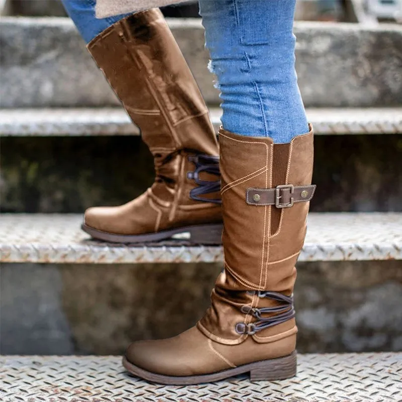 Zipper belt buckle boots - Brown