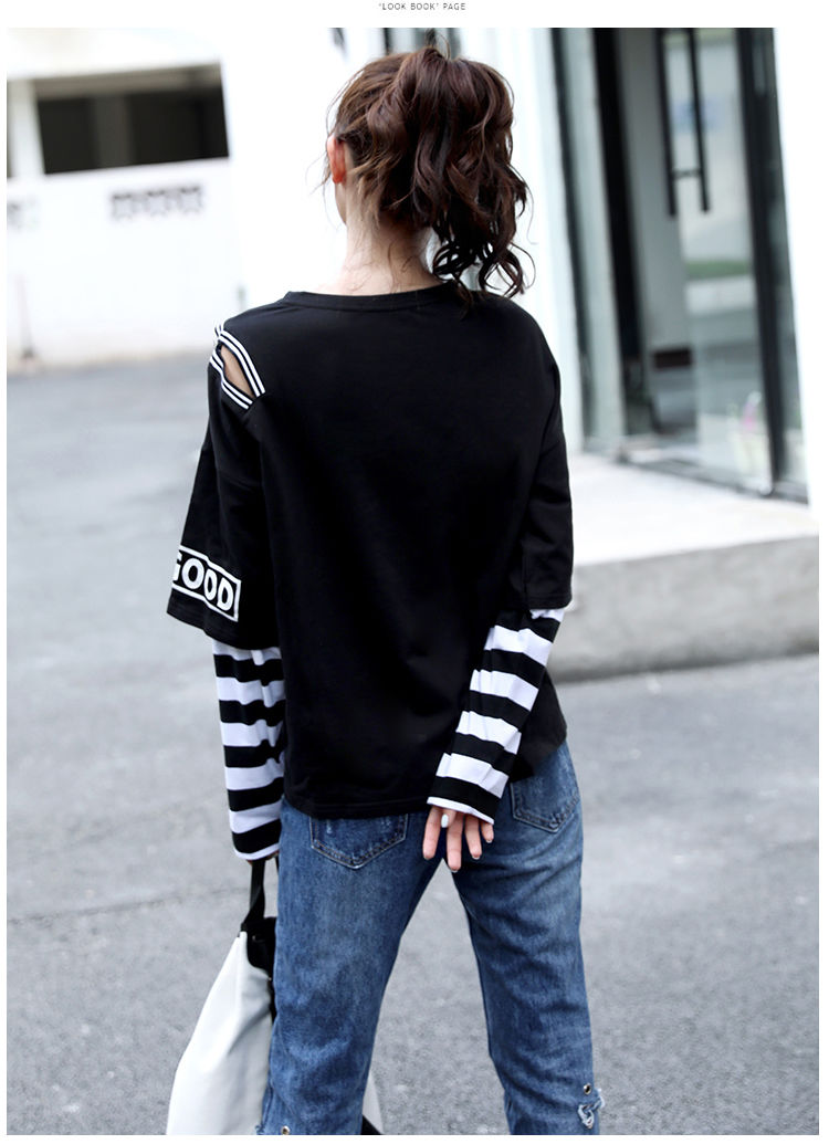 Stitched long sleeve off-shoulder T-shirt