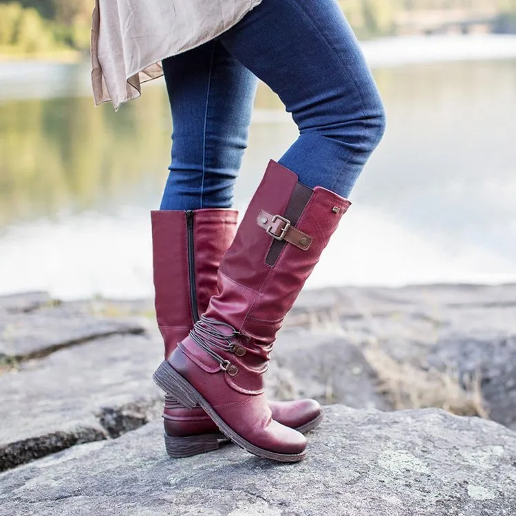 Zipper belt buckle boots - Red