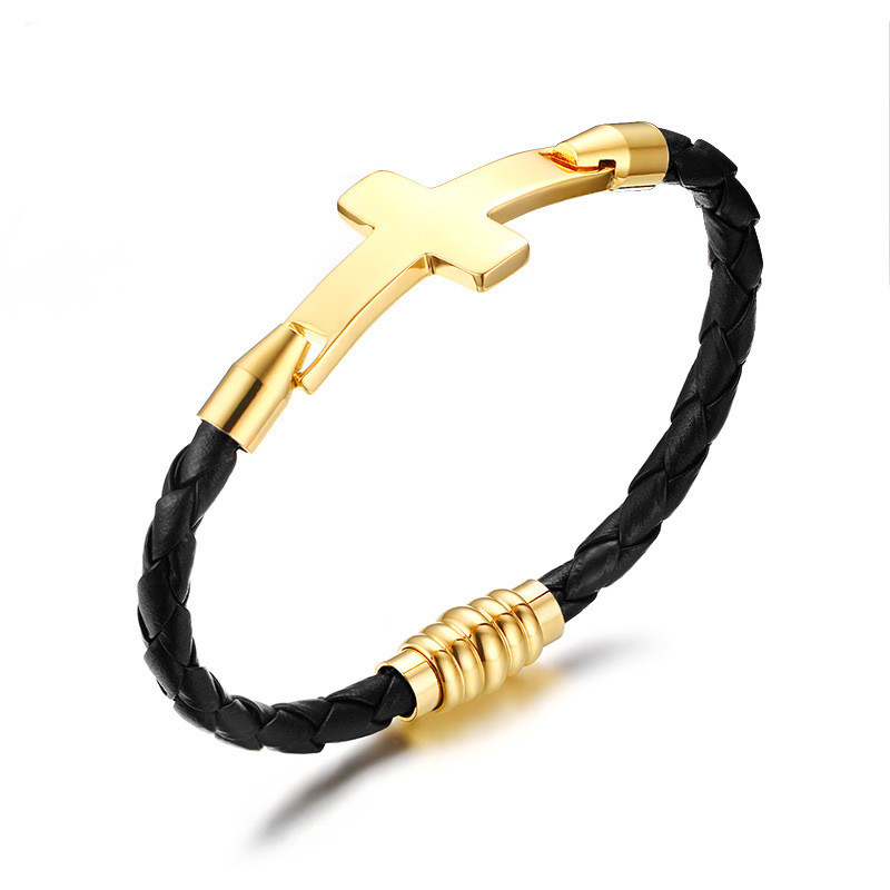 Stainless steel leather cross bracelet