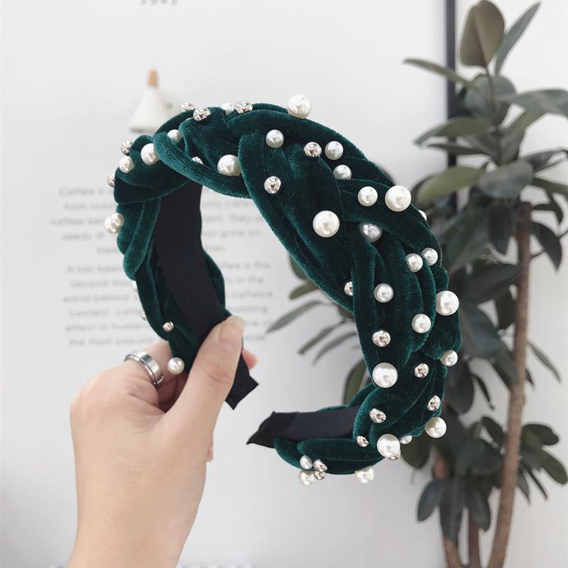 Golden velvet fabric beaded hair band Dark Green - Shop at LoveMi