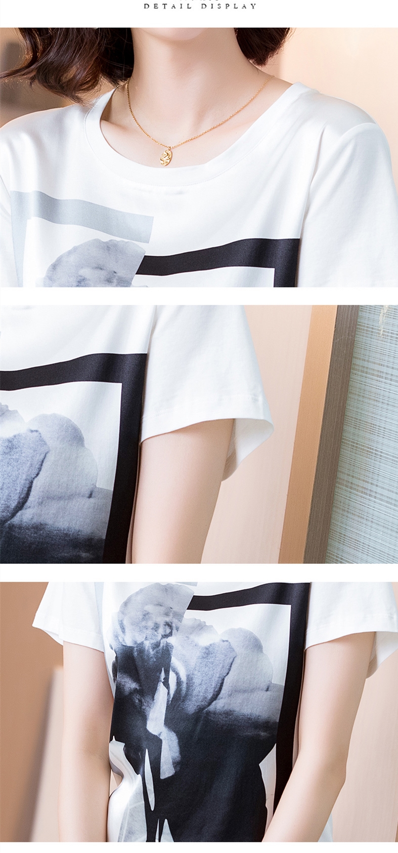 Printed silk white round neck T-shirt