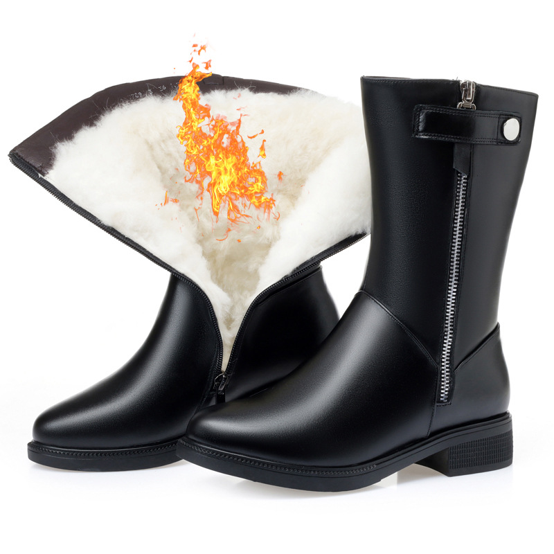 Medium tube leather cotton boots