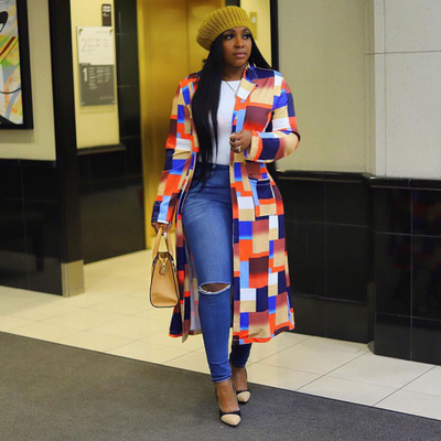 Printed double-breasted lapel knit long coat