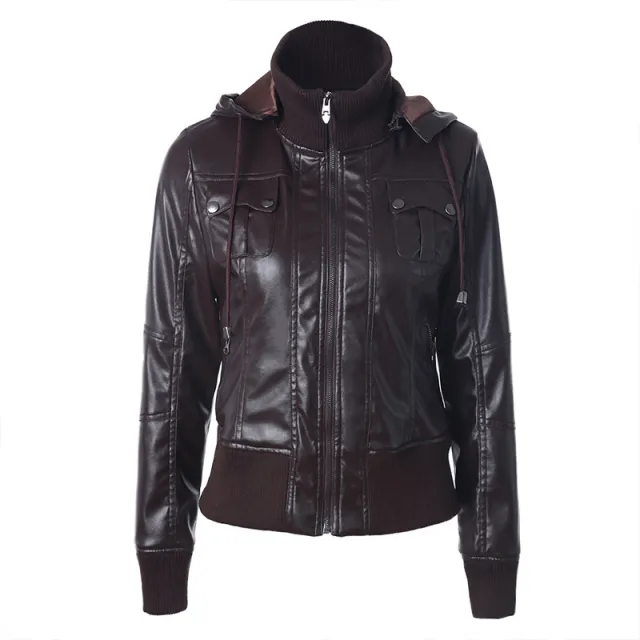 Hooded drawstring high neck zipper PU leather jacket Coffee - Shop at LoveMi
