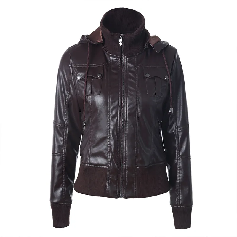 Hooded drawstring high neck zipper PU leather jacket - Coffee
