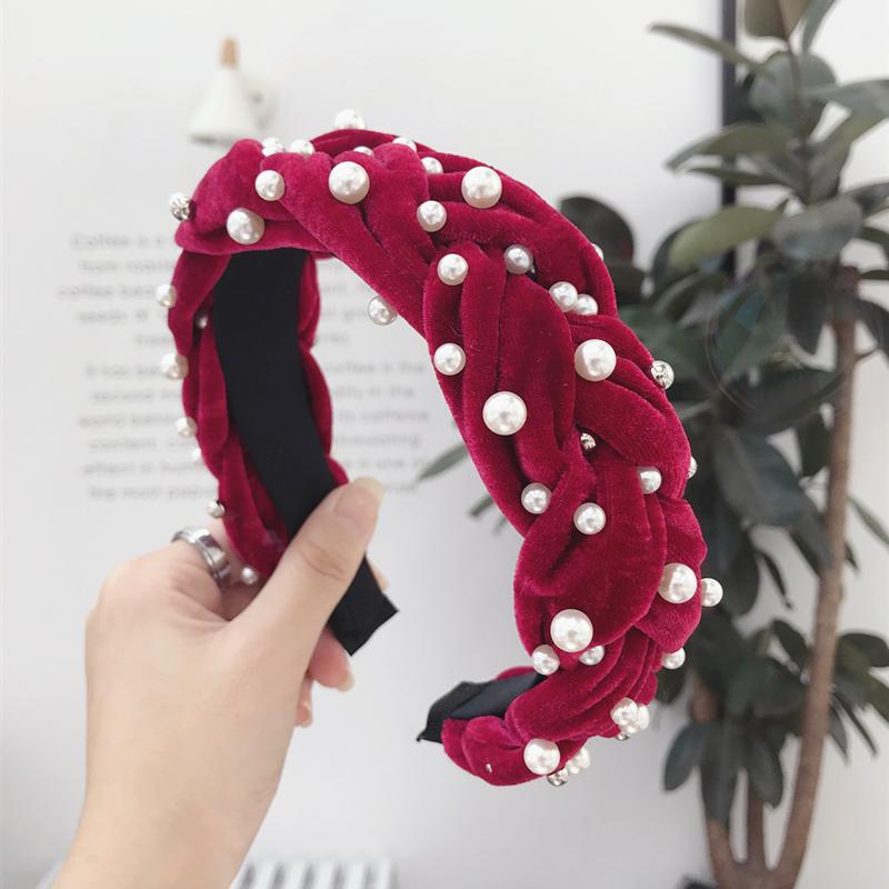 Golden velvet fabric beaded hair band Wine Red - Shop at LoveMi