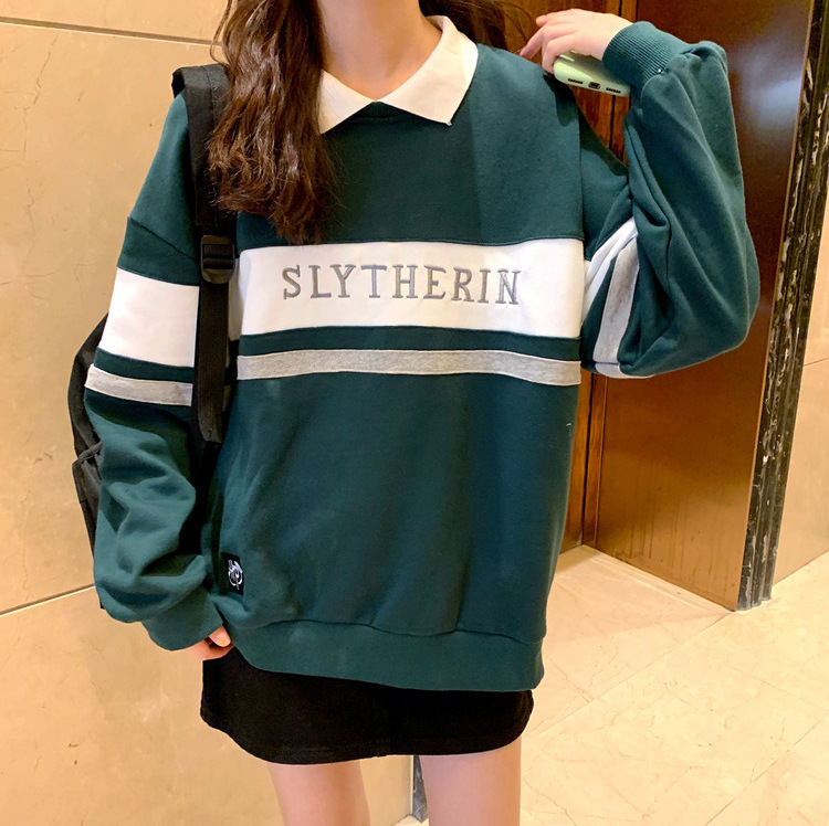 POLO Collar Lazy Style Colorblock Long Sleeve Top