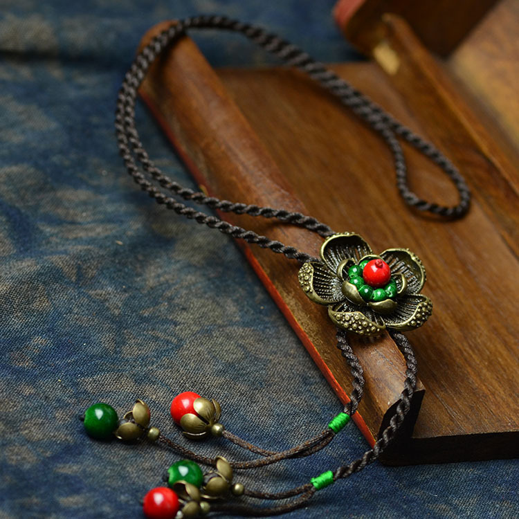 Copper Flower Retro Button Long Necklace