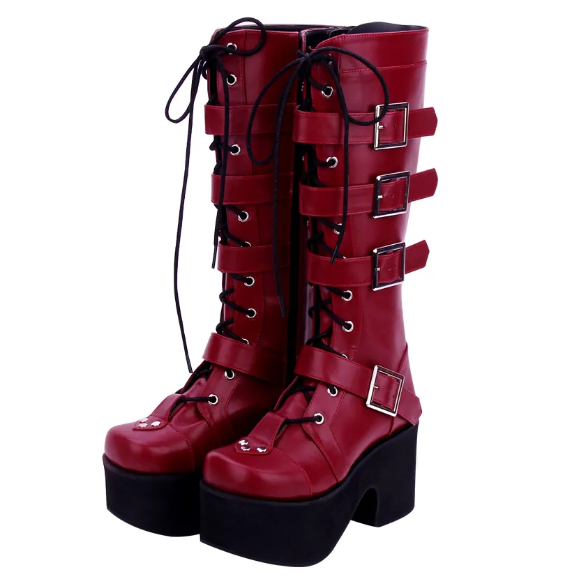 Long punk studded Lolita high boots - Red