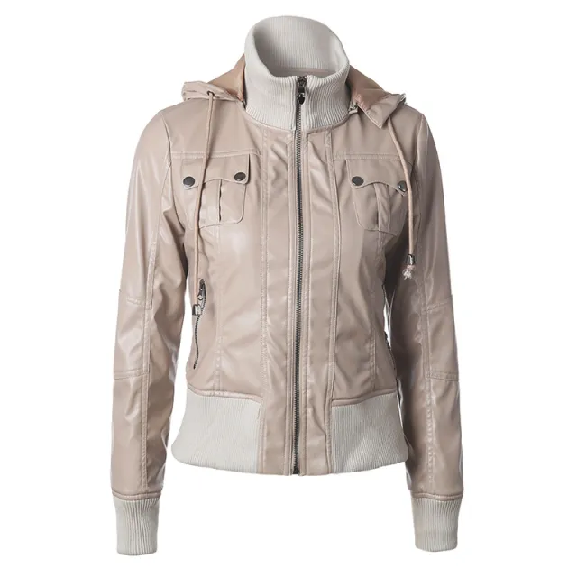 Hooded drawstring high neck zipper PU leather jacket Apricot - Shop at LoveMi