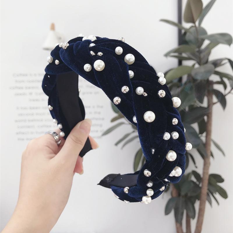 Golden velvet fabric beaded hair band Navy - Shop at LoveMi