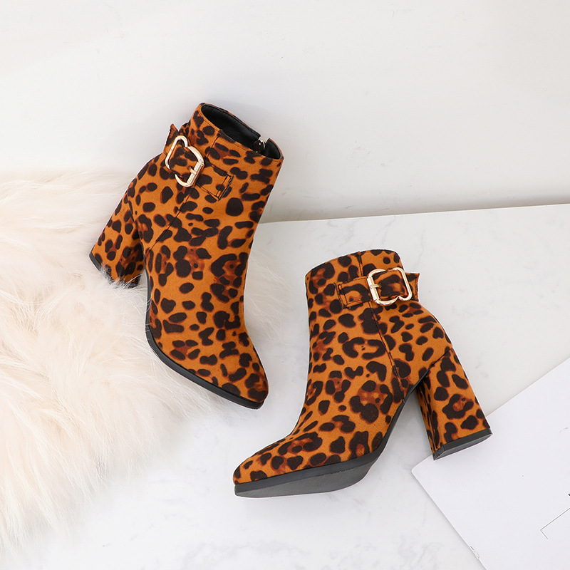 Leopard print chunky heel boots