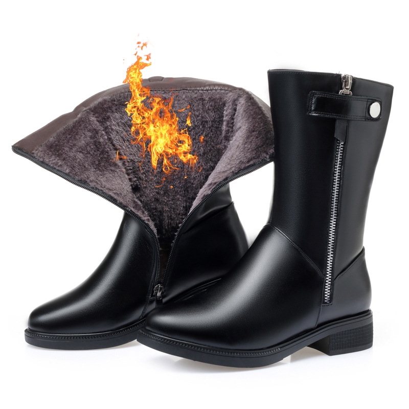 Medium tube leather cotton boots