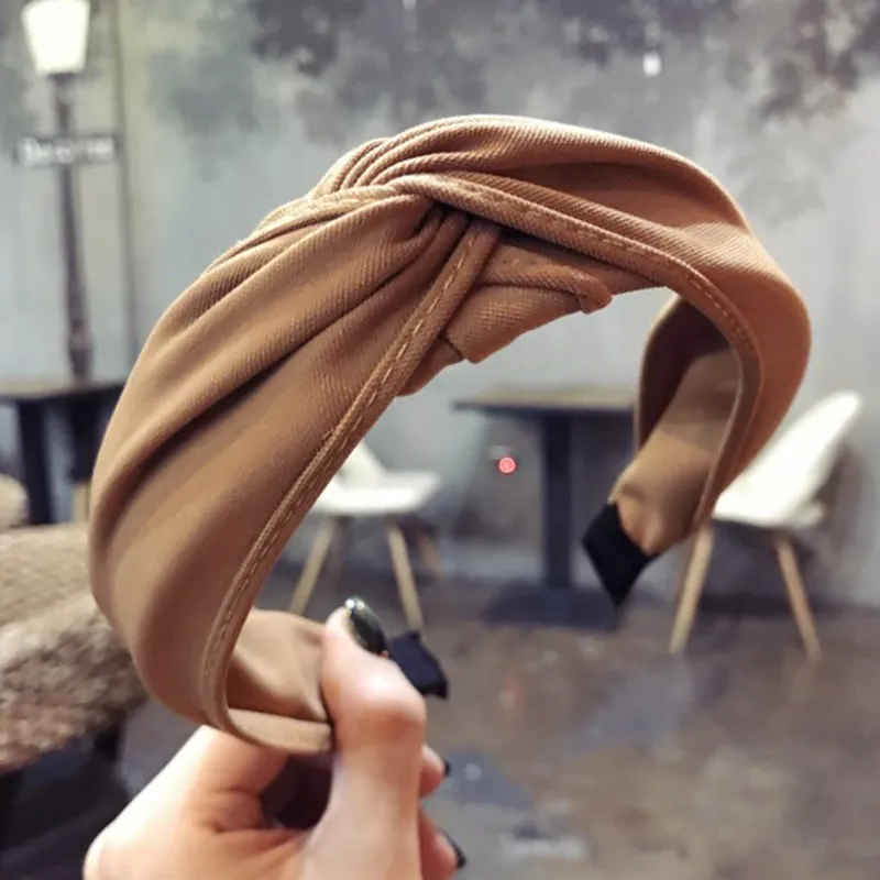 Wide-sided cross-knotted headband - Coffee