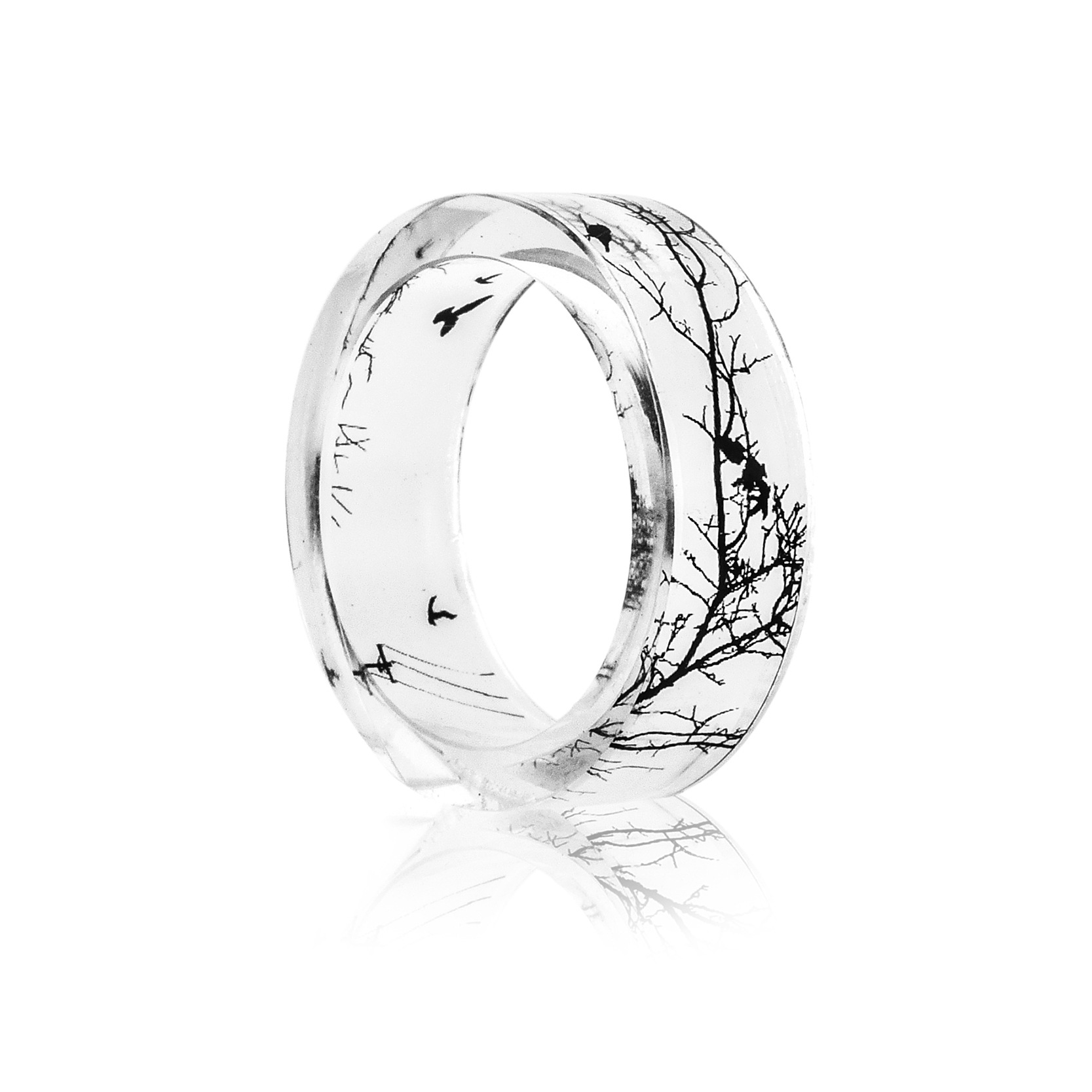 Branch resin black and white landscape ring