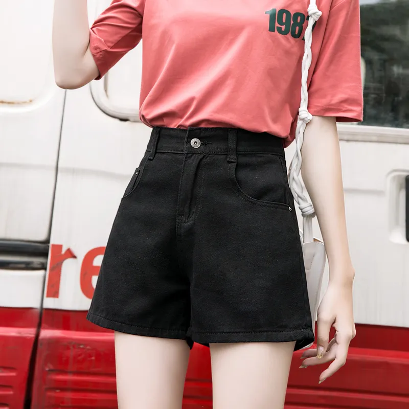 High waist denim shorts women summer loose - Black