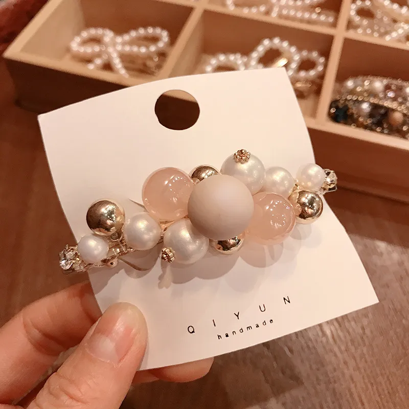Net Red Hair Accessories Sweet Pearl Spring Clip - Pink