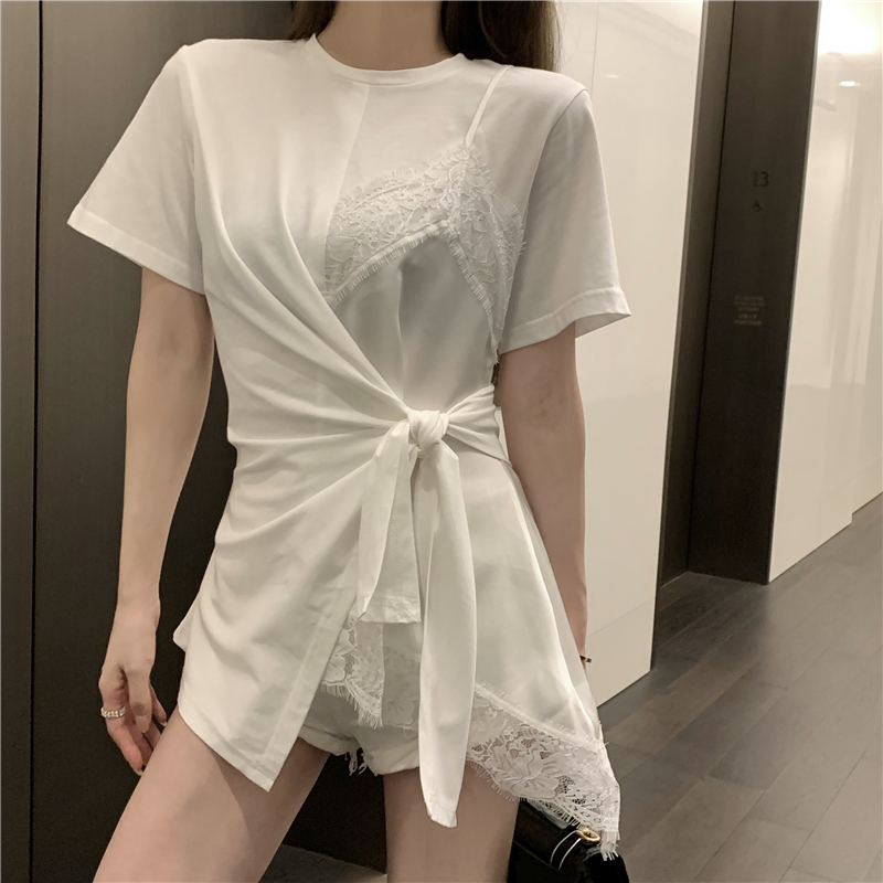 Lace panel round neck top