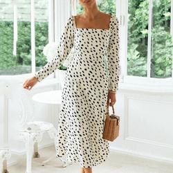 Printed polka dot square neck sexy split dress