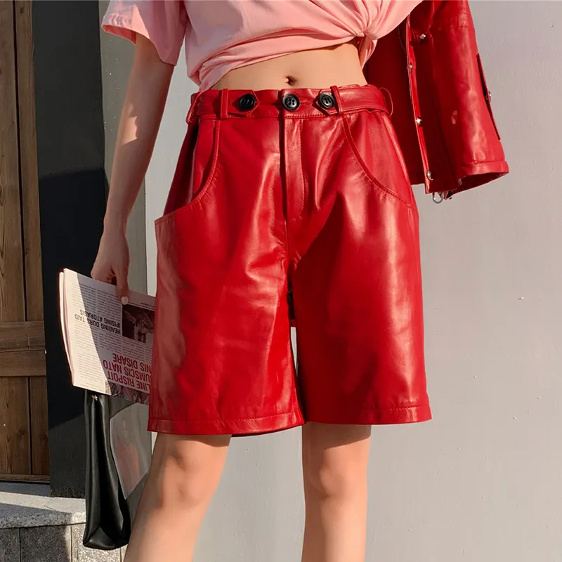 Full leather wide-leg pants - Red