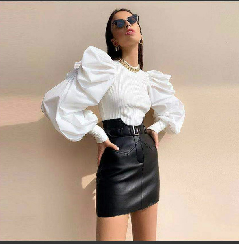 Lantern sleeve stitching slim top