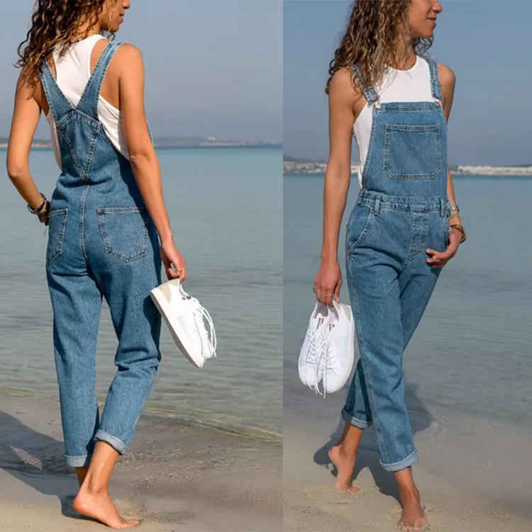 Women's solid color denim overalls - Dark Blue