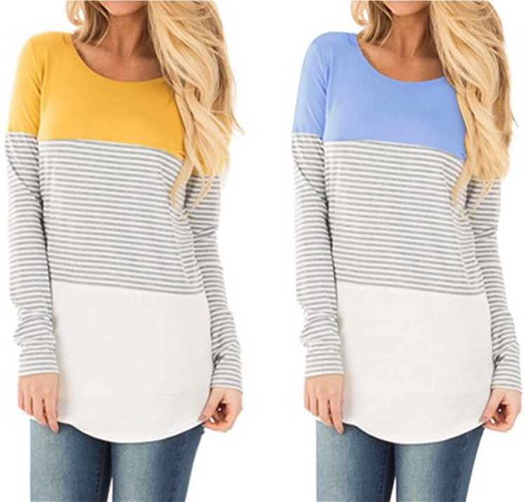 Striped round neck stitching T-shirt bottoming shirt
