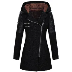 Hooded loose diagonal zipper woolen trench coat - Black - View 1