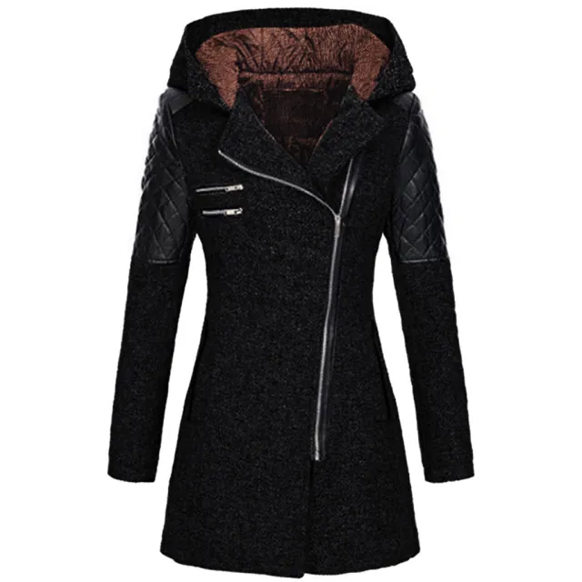 Hooded loose diagonal zipper woolen trench coat Black - Shop at LoveMi