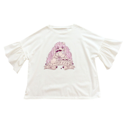 Cartoon print flared sleeve round neck short sleeve T-shirt