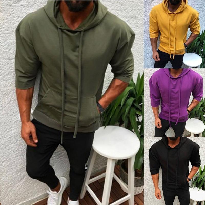 Men's hooded sports solid color half sleeve t-shirt
