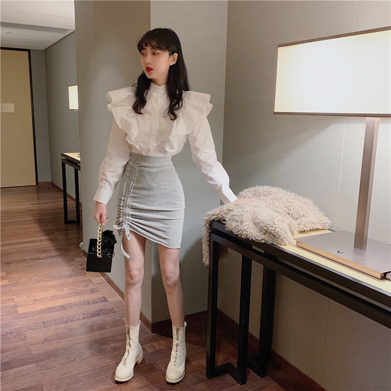Ruffled stand collar shirt