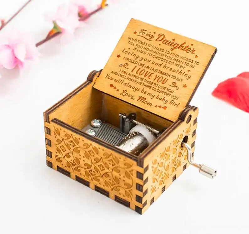 Wooden hand crank music box