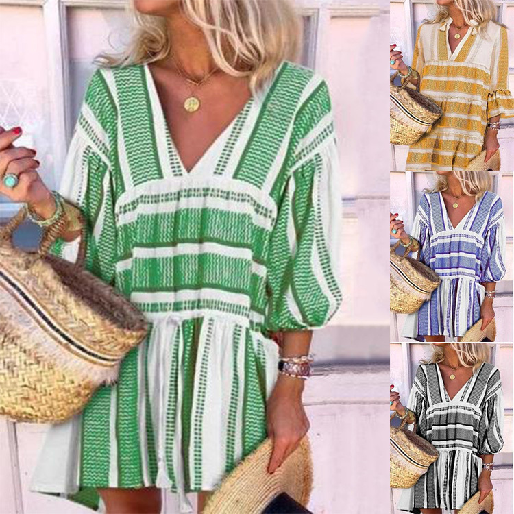 Striped print V-neck three-quarter sleeve dress