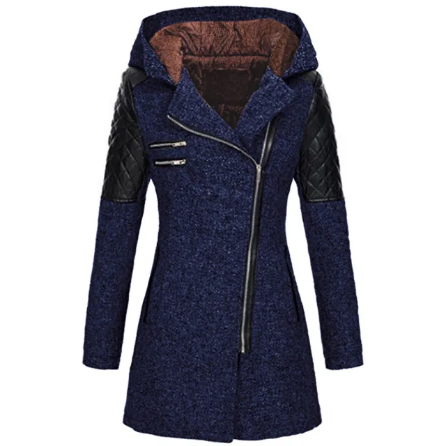 Hooded loose diagonal zipper woolen trench coat Navy Blue - Shop at LoveMi
