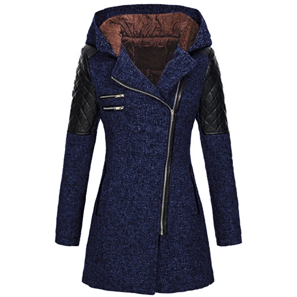 Hooded loose diagonal zipper woolen trench coat - Navy Blue